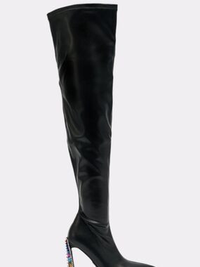 Black Over-the-Knee Stiletto Boots with Multicolor Jeweled Heel